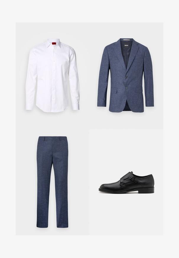 Jūras zilā blazeris teksturētā audumā, vienas rindas ar diviem priekšējiem pogām, ar izdajtajām atlokrām un sānu kabatām. Odere iekšpusē.; Balts garās piedurknes krekls ar zīda struktūru, pogām apkakli un sarkanu logotipa etiķeti iekšējā apkaklē. Standarta piegriezums ar priekšpuses pogām.; Jūras zila bikses, izgatavotas no struktūrvielas, ar taisnām kājām, plakanu priekšpusi un divām sānu kabatām. Nav redzamu rakstu vai akcentu.; Melnas ādas kleitas kurpes ar diviem sprādzēm, elegants siluets un apaļš purngals. Iezīmējas ar zemu papēdi un gludu tekstūru.