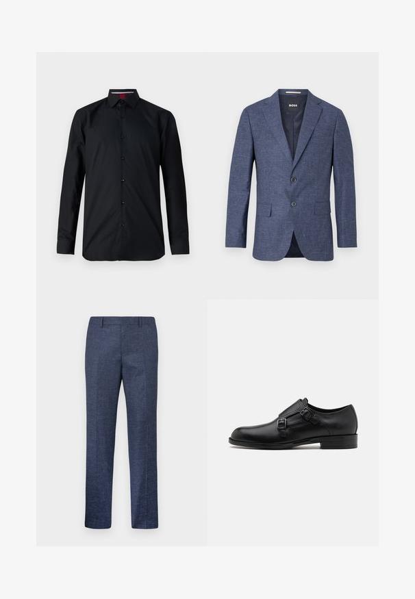 Blazer blu navy in tessuto texturizzato, monopetto con due bottoni frontali, revers a scampo e tasche laterali. Interno foderato.; Maglietta nera a maniche lunghe realizzata in tessuto morbido. Presenta una chiusura con bottoni sul davanti, colletto classico e cuciture sottili. Polsi rinforzati.; Pantaloni blu navy realizzati in un tessuto texturizzato, con gamba dritta, davanti piatto e due tasche laterali. Nessun motivo o dettaglio visibile.; Scarpa da uomo in vera pelle nera con doppie fibbie, silhouette elegante e punta tonda. Presenta un tacco basso e una texture liscia.