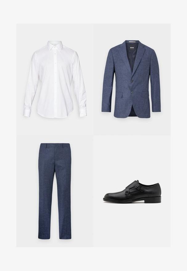 Marineblauwe blazer van textuurstof, enkelvoudig met twee knopen aan de voorkant, notch revers en zijzakken. Gevoerde binnenkant.; Witte lange mouw knoopshirt met een klassieke kraag, een gladde stof en een voorpaneel met lichte, ronde knopen.; Navyblauwe broek van een gestructureerde stof, met rechte pijpen, een vlakke voorkant en twee zijzakken. Geen zichtbare patronen of accenten.; Zwarte leren dresschoen met dubbele gespen, slank silhouet en ronde neus. Kenmerkt zich door een lage hak en een gladde textuur.