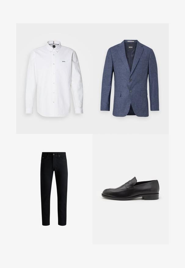Námorně modrý blazer z texturované tkaniny, jednobarevný s dvěma předními knoflíky, klopovými límci a postranními kapsami. Podšívkový interiér.; Bílá košile s dlouhým rukávem a límečkem na knoflíky, s malým modrým logem "BOSS" na hrudi a perlovými knoflíky. Měkká, strukturovaná tkanina.; Černé slim-fit džíny s pěti kapsami, zapínáním na knoflík a poutek na opasek, vystavené na bílém pozadí.; Černé kožené mokasíny s kulatou špičkou a jemnými švy. Hladký povrch a nízký podpatek s logem na zadní straně.