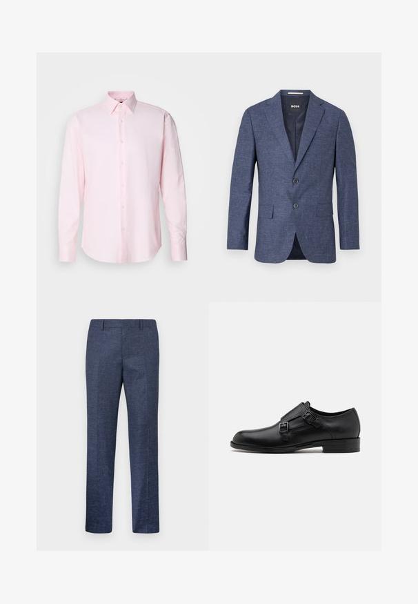 Tamsiai mėlynas švarkas iš tekstūruoto audinio, viengubas, su dviem priekiniais mygtukais, su notch tipo apykakle ir šoninėmis kišenėmis. Pamušalas viduje.; Šviesiai rožinė ilgomis rankovėmis marškiniai, pagaminti iš tekstūruoto audinio, su standartiniu apykakle ir mygtukų uždarymu priekyje.; Tamsiai mėlynos kelnės, pagamintos iš tekstūruoto audinio, su tiesiomis kojomis, lygia priekiu ir dviem šoninėmis kišenėmis. Nėra matomų raštų ar akcentų.; Juodas odinis vakariniu batų modelis su dviem sagtimis, elegantiška siluetas ir apvaliu nosiu. Yra žemas kulnas ir glotni tekstūra.