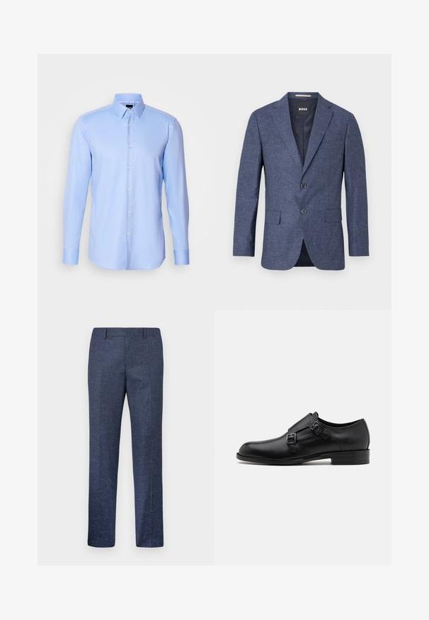 Navy blue blazer in textured fabric, single-breasted with two front buttons, notch lapels, and side pockets. Lined interior.; Light blue long-sleeve button-up shirt made of textured fabric with a pointed collar and classic button closure down the front.; Navy blue trousers made from a textured fabric, featuring straight legs, a flat front, and two side pockets. No visible patterns or accents.; Black leather dress shoe with dual buckles, sleek silhouette, and round toe. Features a low heel and smooth texture.