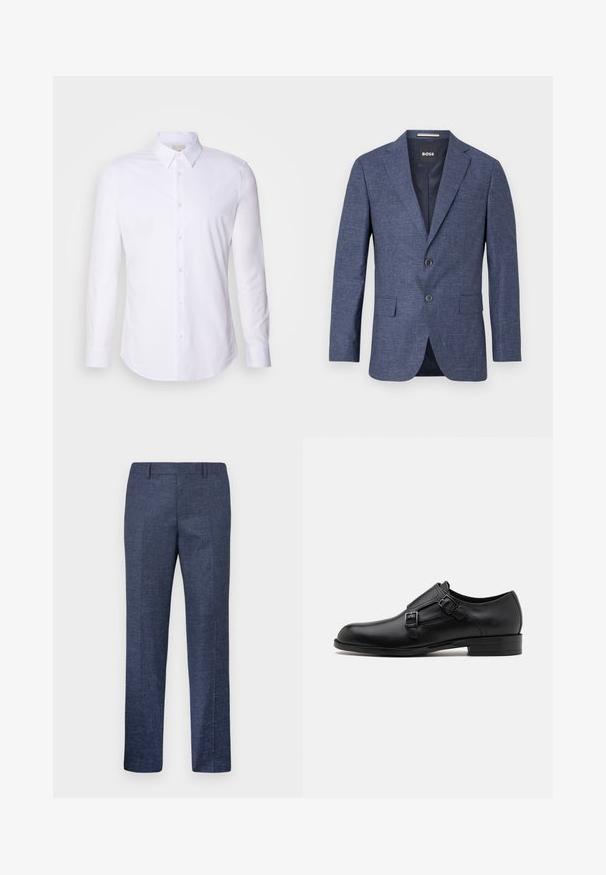 Sacou bleu marin din țesătură texturată, cu un singur rând de nasturi la față, rever în formă de notch și buzunare laterale. Interior căptușit.; Cămașă albă cu mânecă lungă, dintr-un material neted, cu guler clasic, nasturi pe față și un logo subtil pe piept.; Pantaloni bleumarin dintr-un material texturat, având picioare drepte, față plată și două buzunare laterale. Fără modele sau accente vizibile.; Pantofii de piele neagră cu două catarame, siluetă elegantă și vârf rotund. Au un toc mic și o textură netedă.