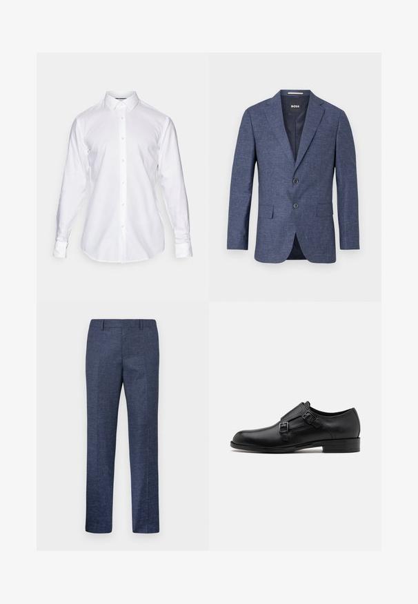 Tamsiai mėlynas švarkas iš tekstūruoto audinio, viengubas, su dviem priekiniais mygtukais, su notch tipo apykakle ir šoninėmis kišenėmis. Pamušalas viduje.; Balta mygtukinė marška su klasikiniais atlapais, ilgomis rankovėmis ir tiesia apatine dalimi. Pagaminta iš lygios medžiagos, su matomomis siūlėmis ir mygtukais.; Tamsiai mėlynos kelnės, pagamintos iš tekstūruoto audinio, su tiesiomis kojomis, lygia priekiu ir dviem šoninėmis kišenėmis. Nėra matomų raštų ar akcentų.; Juodas odinis vakariniu batų modelis su dviem sagtimis, elegantiška siluetas ir apvaliu nosiu. Yra žemas kulnas ir glotni tekstūra.