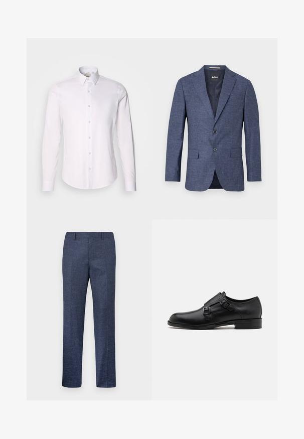 Blazer bleu marine en tissu texturé, à un boutonnage avec deux boutons à l'avant, revers en pointe et poches latérales. Intérieur doublé.; Chemise blanche à manches longues en tissu lisse avec un col boutonné, présentant un plastron entièrement boutonné et un ourlet arrondi.; Pantalon bleu marine en tissu texturé, avec des jambes droites, un devant plat et deux poches latérales. Pas de motifs ou d'accents visibles.; Chaussure habillée en cuir noir avec double boucle, silhouette élégante et bout rond. Dispose d'un petit talon et d'une texture lisse.