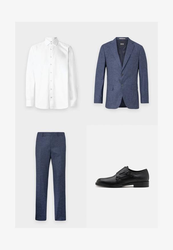 Navy blue blazer in textured fabric, single-breasted with two front buttons, notch lapels, and side pockets. Lined interior.; White long-sleeve shirt with a pointed collar, button front, and single-button cuffs. Smooth, plain fabric with no patterns or embellishments.; Navy blue trousers made from a textured fabric, featuring straight legs, a flat front, and two side pockets. No visible patterns or accents.; Black leather dress shoe with dual buckles, sleek silhouette, and round toe. Features a low heel and smooth texture.