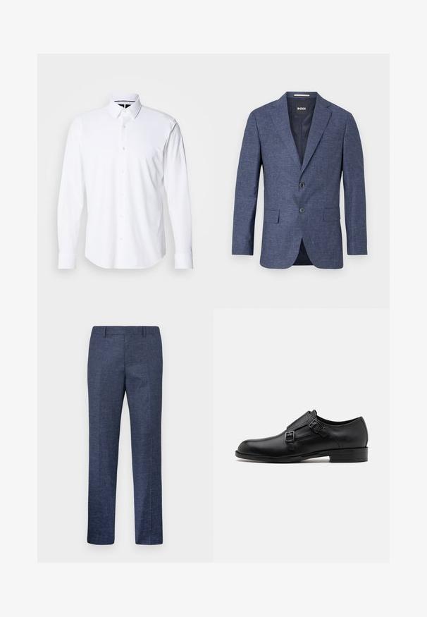 Sötétkék blézer texturált anyagból, egysoros, két elülső gombbal, hajtókás gallérral és oldalsó zsebekkel. Bélelt belső rész.; Fehér, hosszú ujjas ing, sima szövetből készült, gombos kialakítású gallérral és hat elülső gombbal; az ujjak gondosan szabottak, hogy rendezett megjelenést biztosítsanak.; Tengerészeti kék nadrág, texturált anyagból készült, egyenes szárakkal, lapos elülső résszel és két oldalzsebbel. Nincsenek látható minták vagy díszítések.; Fekete bőrcipő, dupla csattal, letisztult sziluettel és kerek orral. Alacsony sarka és sima felülete van.