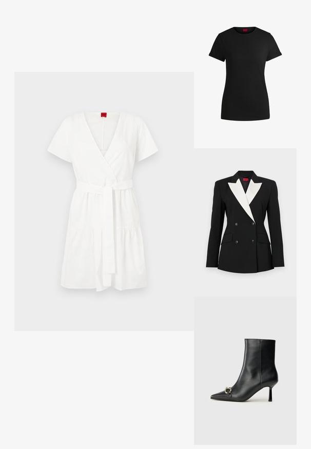 Svart blazer med dubbelknäppt framtill, vit sjalkrage, två framfickor och svarta knappar. Tillverkad av strukturerad tyg.; Vit omlottklänning i bomull, med korta ärmar, v-ringning, midjeband och en volang i nederkant.; Svart bomullströja med korta rullade ärmar, rund halsringning och en röd etikett. Slät textur, figursydd form med minimalt detaljer.; Svart läderankelboot med spetsig tå, smal medelhög klack och silverfärgad spänndetalj på sidan mot en enfärgad bakgrund.