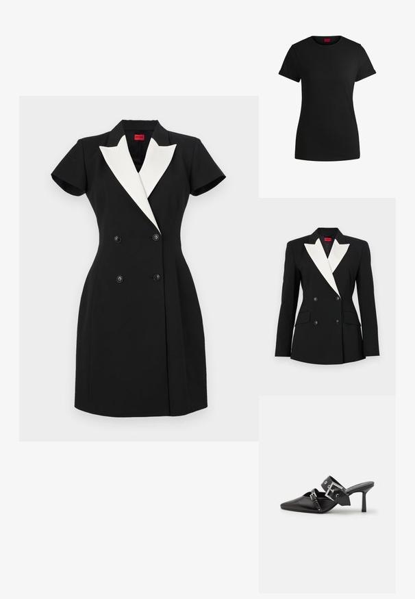 Fekete blézer dupla gombolású elülső résszel, fehér sálképű gallérral, két elülső zsebből és fekete gombokkal. Merev anyagból készült.; Fekete, dupla gombos ruha rövid ujjakkal, fehér stólalapokkal és fekete gombokkal. Testre szabott fazon, strukturált kialakítással.; Fekete pamut póló rövid felgöngyölt mangaszalaggal, kerek nyakkivágással és piros címkével. Sima textúra, megformált szabás minimális részletezéssel.; Fekete magassarkú mules, hegyes orral, sima bőrből készült. Széles bokapántja van, négyzet alakú ezüst csattal és szegecsekkel.