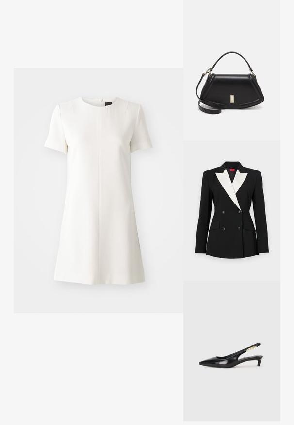 Schwarzer Blazer mit doppelt geknöpftem Vorderteil, weißem Schalkragen, zwei Fronttaschen und schwarzen Knöpfen. Hergestellt aus strukturiertem Stoff.; Weißes Kurzarmkleid mit rundem Halsausschnitt und gerader Silhouette. Reißverschlussdetail am Rücken und glatte Textur. Minimalistisches Design.; Schwarze Leder-Slingback-Pumps mit spitzem Schuhblatt, ausgestattet mit einem schlanken Absatz und einem goldfarbigen Akzent am verstellbaren Riemen. Glatte Textur.; Schwarze Lederhandtasche mit einem strukturierten Design, das eine verkürzte Form, einen oberen Griff und goldfarbene Hardware-Details aufweist. Verstellbarer Schulterriemen ist enthalten.
