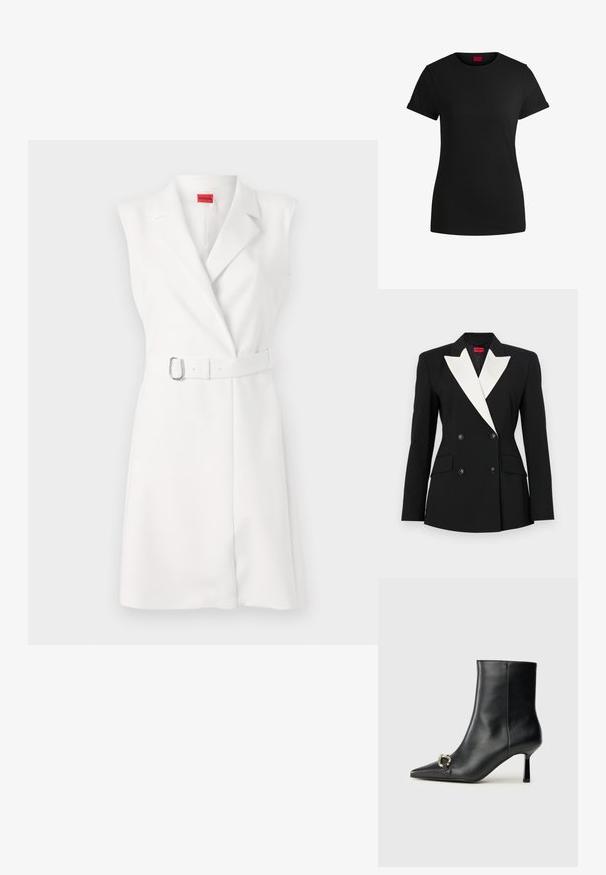Blazer negro con frente de doble botonadura, solapa blanca de tipo chal, dos bolsillos frontales y botones negros. Fabricado con una tela estructurada.; Vestido blanco sin mangas con un diseño ajustado, cuello tipo solapa y un cinturón a juego con una hebilla plateada. Textura suave, hasta la rodilla.; Camiseta de algodón negra con mangas cortas enrolladas, escote redondo y etiqueta roja. Textura suave, forma ajustada y con un detalle minimalista.; Botín negro de cuero hasta el tobillo con punta afilada, tacón delgado de altura media y detalle de hebilla plateada en el lateral, sobre un fondo liso.