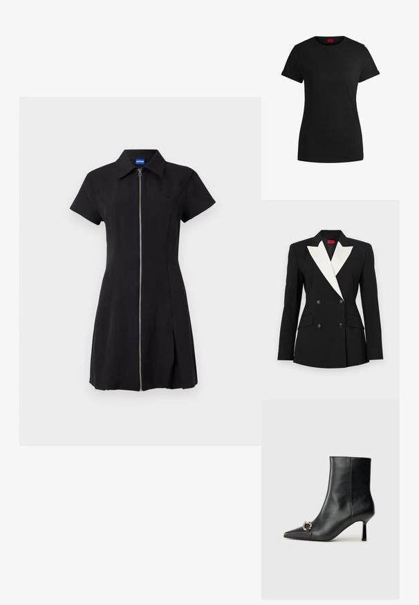 Crni blazer s dvostrukim prednjim kopčanjem, bijelim šalom reverom, dva prednja džepa i crnim dugmadi. Izrađen od čvrstog materijala.; Crna haljina s kratkim rukavima, prednjim patentnim zatvaračem, kragnom i bočnim prorezom. Izrađena od glatkog materijala, s nenametljivim logotipom na grudima.; Crna pamučna majica s kratkim rolanim rukavima, okruglim izrezom i crvenom etiketom. Glatka tekstura, uski kroj s minimalnim detaljima.; Crne kožne gležnjače s nazupčanim prstom, uskim srednje visokim potpeticama i detaljem srebrne kopče sa strane na jedinstvenoj pozadini.