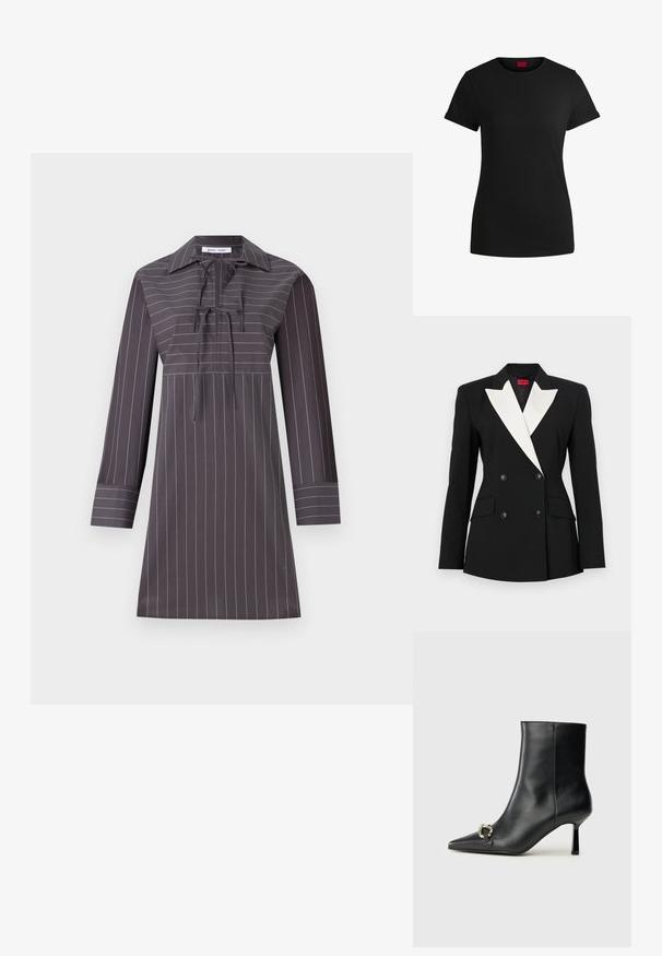Svart blazer med dobbelspent front, hvit sjal-lapel, to frontlommer og svarte knapper. Laget av strukturert stoff.; Grå langermet kjole med hvite vertikale striper, spiss krage, knyting i halsen og rett silhuett. Glatt stofftekstur.; Svart bomulls-t-skjorte med korte, rullede ermer, rund halslinning og rød etikett. Glatt tekstur, tettsittende fasong med minimale detaljer.; Sorte lær ankle boot med spiss tå, slank mid-høyde hæl og sølvspenne på siden mot en enkel bakgrunn.