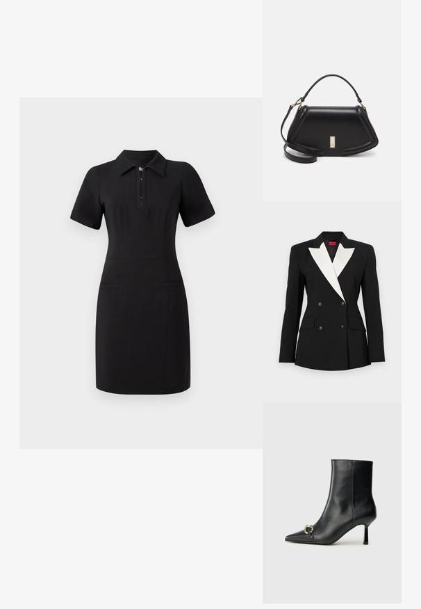 Blazer noir avec un devant croisé, un col châle blanc, deux poches frontales et des boutons noirs. Fabriqué en tissu structuré.; Robe noire avec un col, des manches courtes et une fermeture éclair à l'avant. Dispose de deux poches avant et d'une coupe ajustée. Texture lisse.; Bottine en cuir noir avec un bout pointu, un talon moyen fin et un détail de boucle en argent sur le côté, se détachant sur un fond uni.; Sac à main en cuir noir avec un design structuré, featuring une forme cropped, une poignée supérieure et des accents en matériel doré. Bandoulière réglable incluse.