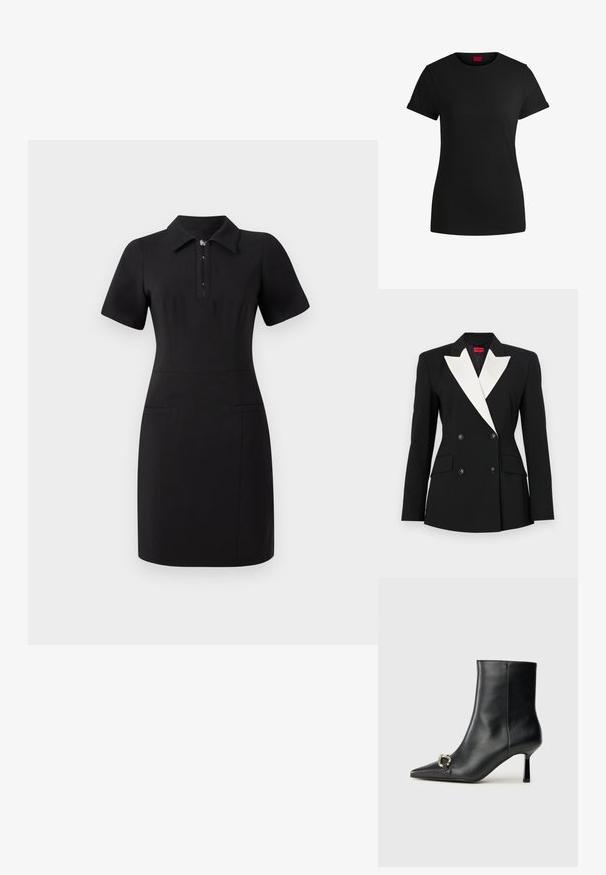 Zwarte blazer met een dubbelgebroken voorkant, witte sjawlrevers, twee voorzakken en zwarte knopen. Gemaakt van een gestructureerde stof.; Zwarte jurk met een kraag, korte mouwen en een rits aan de voorkant. Bevat twee zijzakken en heeft een getailleerde pasvorm. Soepele textuur.; Zwart katoenen T-shirt met korte opgerolde mouwen, een ronde halslijn en een rood label. Glad textuur, aansluitende pasvorm met minimale details.; Zwarte leren enkelboot met spitse neus, slanke middenhoge hak en zilveren gespdetail aan de zijkant op een effen achtergrond.