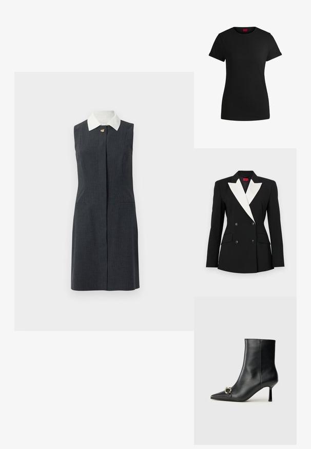 Czarny żakiet z podwójnym zapięciem, białym szalowym kołnierzem, dwiema przednimi kieszeniami i czarnymi guzikami. Wykonany z usztywnionego materiału.; Szara sukienka bez rękawów w prążki z białym kołnierzykiem, z zapięciem z przodu i dwiema bocznymi kieszeniami, wykonana z gładkiego materiału.; Czarna bawełniana koszulka z krótkimi, podwiniętymi rękawami, okrągłym dekoltem i czerwoną metką. Gładka tekstura, dopasowany fason z minimalnymi detalami.; Czarny skórzany botek za kostkę z szpiczastym noskiem, smukłym średnim obcasem i srebrnym zapięciem po boku na jednolitym tle.