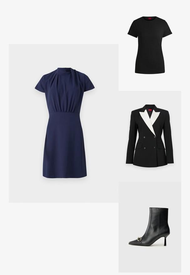 Blazer noir avec un devant croisé, un col châle blanc, deux poches frontales et des boutons noirs. Fabriqué en tissu structuré.; Robe marine à manches courtes, col haut et taille froncée. Texture lisse et ourlet longueur genoux avec une fermeture éclair dissimulée à l'arrière.; T-shirt noir en coton avec des manches courtes roulées, un col rond et une étiquette rouge. Texture lisse, forme ajustée avec un minimum de détails.; Bottine en cuir noir avec un bout pointu, un talon moyen fin et un détail de boucle en argent sur le côté, se détachant sur un fond uni.