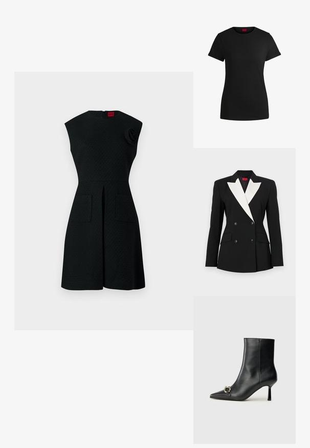 Melna žakete ar divkāršu priekšpusi, baltiem šallētiem klājiem, divām priekšējām kabatām un melniem pogām. Izgatavota no strukturēta auduma.; Melnas kleitas ar teksturētu rakstu, kapu piedurknēm, divām priekšējām kabatām un ziedu akcentu uz pleca. Aizmugurējais rāvējslēdzēja aizvēršana.; Melnas kokvilnas t-krekls ar īsām rullējošām piedurknēm, apaļu kakla izgriezumu un sarkanu etiķeti. Gluda tekstūra, pieguļošs siluets ar minimālu dizainu.; Melnā ādas potīšu zābaku ar smailu purngalu, šauru vidēja augstuma papēdi un sudraba sprādzi sānos uz vienkrāsaina fona.