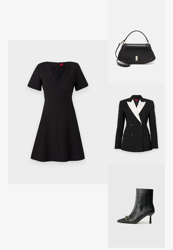 Blazer nero con davanti doppiopetto, risvolto bianco, due tasche frontali e bottoni neri. Realizzato in tessuto strutturato.; Abito nero con corpetto aderente e gonna svasata. Presenta maniche corte, scollatura a V, zip posteriore e cuciture che creano una silhouette strutturata.; Stivale alla caviglia in pelle nera con punta affusolata, tacco sottile di media altezza e dettaglio in fibbia argentata sul lato, su sfondo semplice.; Borsa a mano in pelle nera con un design strutturato, caratterizzata da una forma corta, manico superiore e accessori in metallo dorato. Inclusa tracolla regolabile.