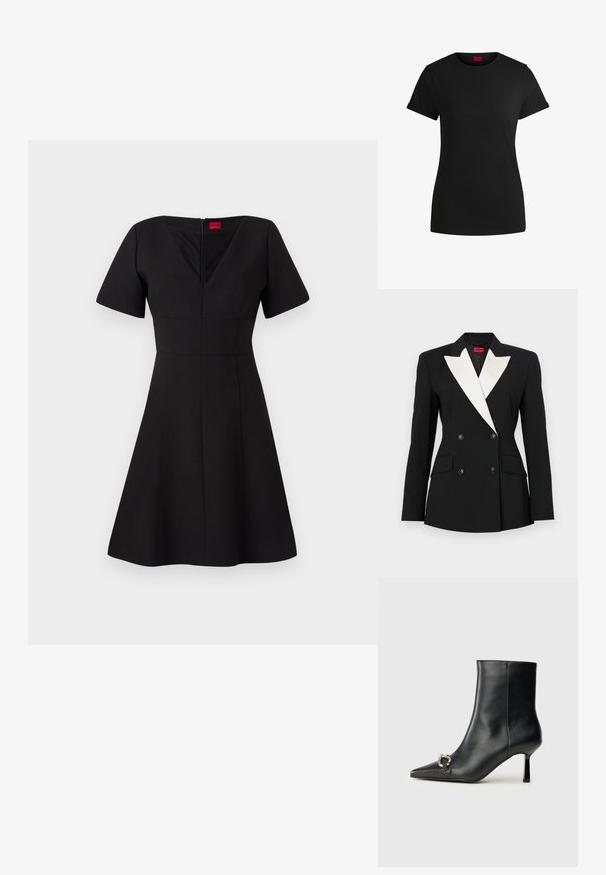 Black blazer with double-breasted front, white shawl lapel, two front pockets, and black buttons. Made of structured fabric.; Black dress with a fitted bodice and flared skirt. Features short sleeves, a V-neckline, back zipper, and seams creating a structured silhouette.; Black cotton t-shirt with short rolled sleeves, a round neckline, and a red label. Smooth texture, fitted shape with minimal detailing.; Black leather ankle boot with pointed toe, slim mid-height heel, and silver buckle detail on side against plain background.
