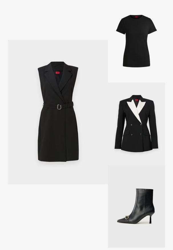 Svart blazer med dobbelspent front, hvit sjal-lapel, to frontlommer og svarte knapper. Laget av strukturert stoff.; Svart ärmlös blazer-kjol med skräddarsydd design, som har ett bälte i midjan, skarpa slag och en strukturerad silhuett.; Svart bomulls-t-skjorte med korte, rullede ermer, rund halslinning og rød etikett. Glatt tekstur, tettsittende fasong med minimale detaljer.; Sorte lær ankle boot med spiss tå, slank mid-høyde hæl og sølvspenne på siden mot en enkel bakgrunn.
