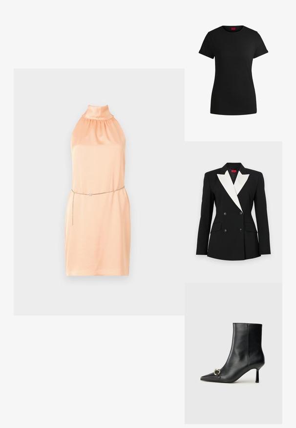 Melna žakete ar divkāršu priekšpusi, baltiem šallētiem klājiem, divām priekšējām kabatām un melniem pogām. Izgatavota no strukturēta auduma.; Persiku krāsas halter stila kleita, izgatavota no gluda auduma ar sapulcētu apkakli. Iezīmējās ar metalizētiem ķēdes jostām ar dekoratīvu akcentu.; Melnas kokvilnas t-krekls ar īsām rullējošām piedurknēm, apaļu kakla izgriezumu un sarkanu etiķeti. Gluda tekstūra, pieguļošs siluets ar minimālu dizainu.; Melnā ādas potīšu zābaku ar smailu purngalu, šauru vidēja augstuma papēdi un sudraba sprādzi sānos uz vienkrāsaina fona.
