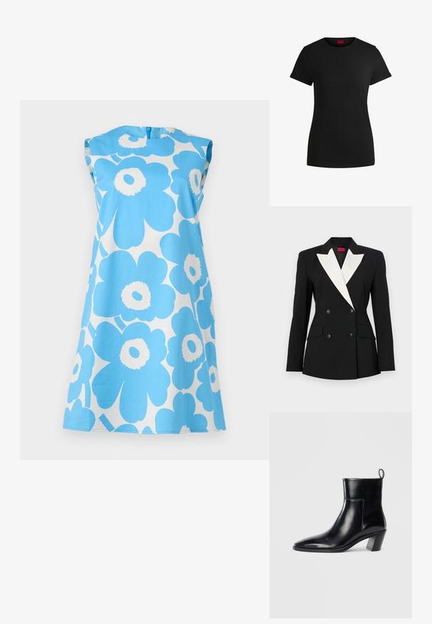 Černý blazer s dvojitým zapínáním, bílou šálovou klopou, dvěma předními kapsami a černými knoflíky. Vyrobeno z strukturované tkaniny.; Modré květinové šaty s velkými bílými vzory sedmikrásky, krátkými rukávy, kulatým výstřhem a zipem na zádech. Vyrobeny z lehké tkaniny.; Černé bavlněné tričko s krátkými rukávy s rolled úpravou, kulatým výstřihem a červenou etiketa. Hladká textura, přiléhavý střih s minimálními detaily.; Černá kožená kotníková bota s špičatou špičkou, geometrickou tvarovanou podpatkem a poutkem na zadní straně. Hladká textura a elegantní design.