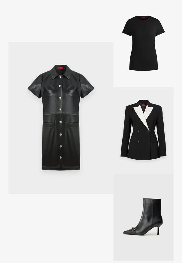 Musta bleiseri, jossa on kaksinkertainen etuosa, valkoinen shaalikaulus, kaksi etutaskua ja mustat napit. Valmistettu jämäkästä kankaasta.; Mustat nahkatakki, jossa on lyhyet hihat, kaulus, napitus edessä ja kaksi rintataskua. Varustettu hopeisilla yksityiskohdilla ja sileällä pinnalla.; Mustapaita, jossa on lyhyet käärityt hihat, pyöreä kaula-aukko ja punainen etiketti. Sileä pinta, istuva muoto ja minimaalinen yksityiskohtaisuus.; Musta nahkasaapas nilkkapituisilla, terävillä kärjillä, hoikalla keskipituisella korolla ja hopeavöillä sivussa yksinkertaista taustaa vasten.