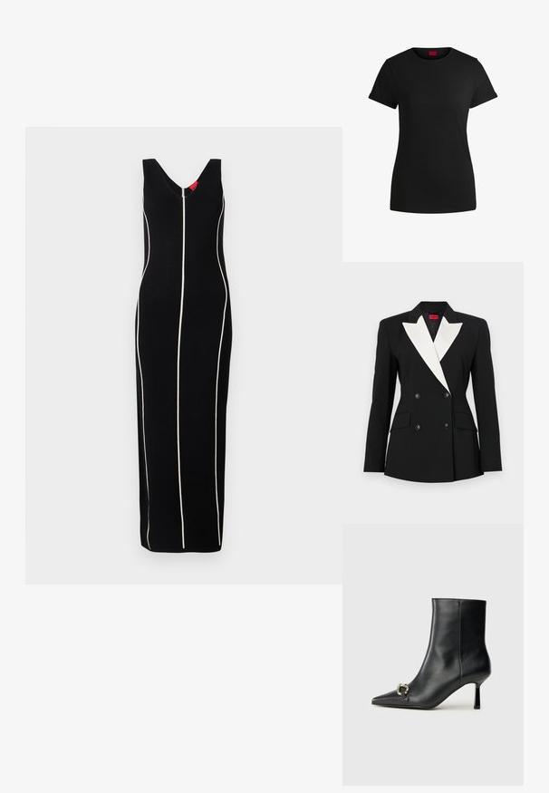 Zwarte blazer met een dubbelgebroken voorkant, witte sjawlrevers, twee voorzakken en zwarte knopen. Gemaakt van een gestructureerde stof.; Zwart mouwloos jurk met een V-hals ontwerp, verticale witte strepen en een figuuraccentuerende silhouet. Gladde stof met een subtiele glans.; Zwart katoenen T-shirt met korte opgerolde mouwen, een ronde halslijn en een rood label. Glad textuur, aansluitende pasvorm met minimale details.; Zwarte leren enkelboot met spitse neus, slanke middenhoge hak en zilveren gespdetail aan de zijkant op een effen achtergrond.