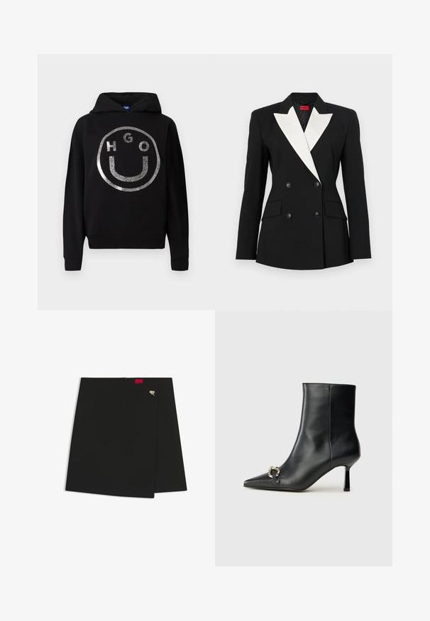 Musternõmber musta bleiseriga, topeltkinnisega esiosa, valge šala krae, kaks eesmist taskut ja mustad nööbid. Valmistatud struktureeritud kangast.; Must must tume, pehmeast materjalist must kapuutsiga, millel on suur hõbedane sädelev naeratav nägu kujutis, mille sees on ringis tekst "HGO".; Must must t-särk lühikeste keeratud varrukatega, ümmarguse kaeluse ja punase etiketiga. Sile tekstuur, sobiv kuju minimaalsete detailidega.; Must värviline seelik sileda tekstuuriga, millel on punane logo silt ja hõbedane detail. Lihtne disain, millel on puhas lõige.; Must mustanvärvi nahast pahklinetopp, millel on terav nina, peen keskmise kõrgusega konts ja hõbedane keha detail külgedel, taustal lihtne taust.