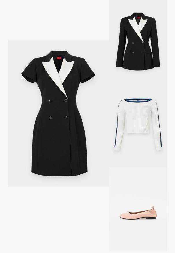 Fekete blézer dupla gombolású elülső résszel, fehér sálképű gallérral, két elülső zsebből és fekete gombokkal. Merev anyagból készült.; Csíkozott, fehér szemcsés pulóver lecsúszó vállú kialakítással, kék és fekete csíkokkal az ujjak mentén, rövidített hosszúságban.; Fekete, dupla gombos ruha rövid ujjakkal, fehér stólalapokkal és fekete gombokkal. Testre szabott fazon, strukturált kialakítással.; Halvány rózsaszín balerina cipők sima anyagból, kerek orral, rugalmas hátsó résszel és kis fekete sarokkal.; Fekete bőr kézitáska, összegyűrt felső dizájnnal, két rövid fülekkel és egy hosszú, állítható pánttal. Simább textúra, lekerekített forma.