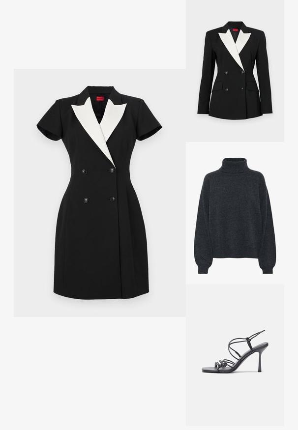 Zwarte blazer met een dubbelgebroken voorkant, witte sjawlrevers, twee voorzakken en zwarte knopen. Gemaakt van een gestructureerde stof.; Gestuz MANZI ROLLNECK - Trui - deep graphite; Zwart katoenen T-shirt met korte opgerolde mouwen, een ronde halslijn en een rood label. Glad textuur, aansluitende pasvorm met minimale details.; Zwart dubbelgeknoopt jurkje met korte mouwen, witte schouderflappen en zwarte knopen. Gepassende pasvorm met een gestructureerd ontwerp.; Zwarte hoge hakken sandaaltjes hebben dunne banden met een geknoopt ontwerp, een gladde vierkante neus en een elegante stiletto-hak.