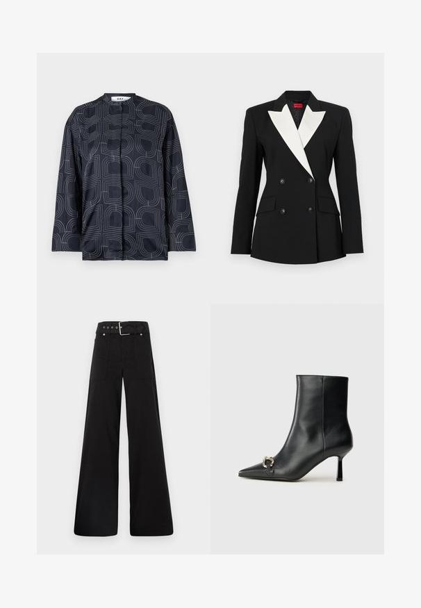 Blazer nero con davanti doppiopetto, risvolto bianco, due tasche frontali e bottoni neri. Realizzato in tessuto strutturato.; Blusa blu navy con un motivo geometrico bianco, dotata di colletto alla mandarina e maniche lunghe, realizzata in un tessuto liscio e lucido.; T-shirt in cotone nero con maniche corte arrotolate, scollatura rotonda e etichetta rossa. Texture liscia, forma aderente con dettagli minimi.; Pantaloni neri a gamba larga realizzati in cotone, con vita alta, ampie tasche laterali e vita con cintura arricchita da dettagli in metallo argentato.; Stivale alla caviglia in pelle nera con punta affusolata, tacco sottile di media altezza e dettaglio in fibbia argentata sul lato, su sfondo semplice.