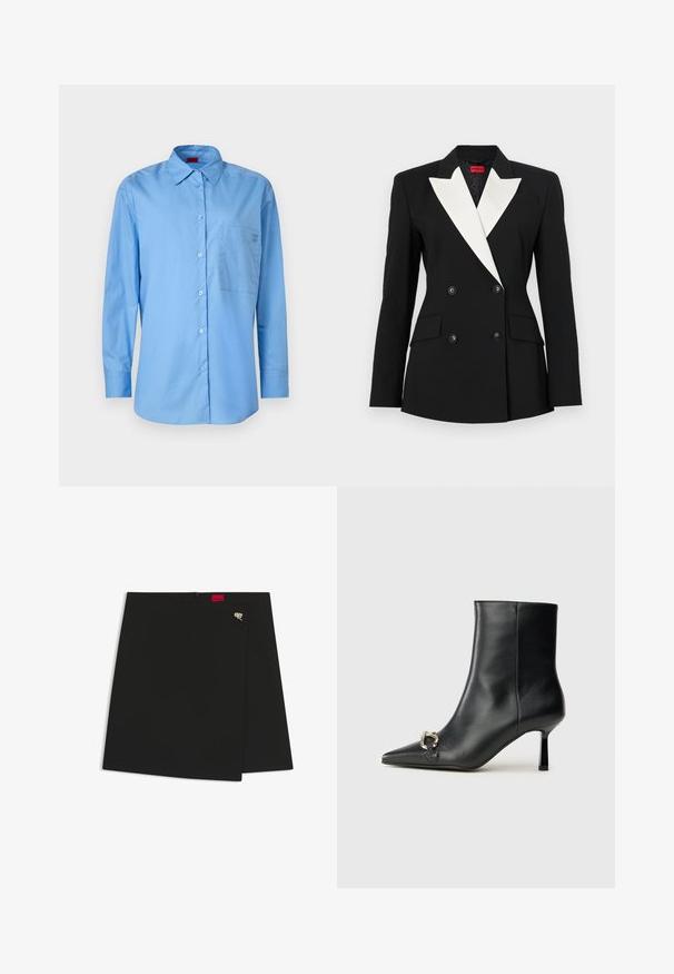 Blazer nero con davanti doppiopetto, risvolto bianco, due tasche frontali e bottoni neri. Realizzato in tessuto strutturato.; Camicia button-up azzurro chiaro in tessuto di cotone, con colletto classico, maniche lunghe e taschino sul petto con dettaglio del logo.; T-shirt in cotone nero con maniche corte arrotolate, scollatura rotonda e etichetta rossa. Texture liscia, forma aderente con dettagli minimi.; Gonna nera avvolgente con una texture liscia, caratterizzata da un'etichetta rossa e un accessorio in metallo argento. Design semplice con un taglio pulito.; Stivale alla caviglia in pelle nera con punta affusolata, tacco sottile di media altezza e dettaglio in fibbia argentata sul lato, su sfondo semplice.