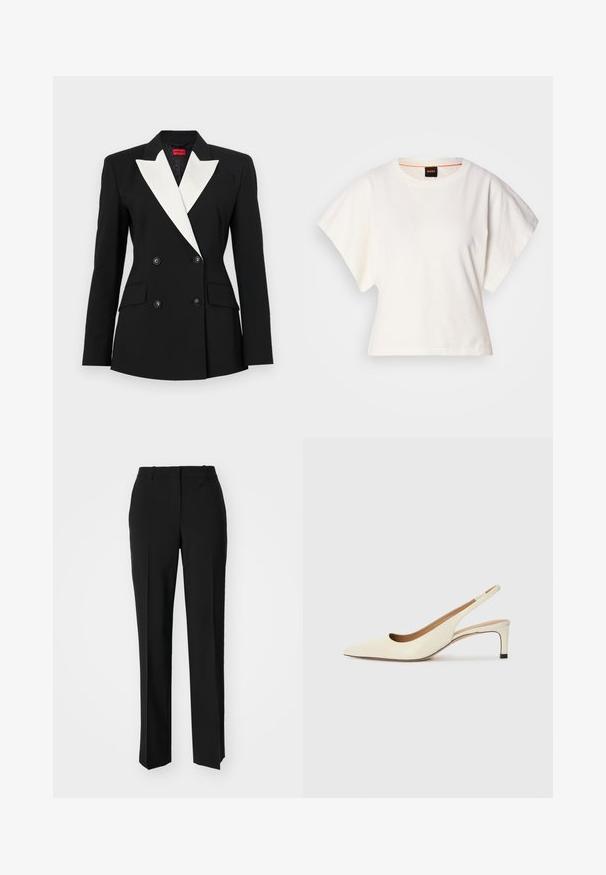 Fekete blézer dupla gombolású elülső résszel, fehér sálképű gallérral, két elülső zsebből és fekete gombokkal. Merev anyagból készült.; Fehér, rövid, bő ujjú, crop szabású póló, puha pamut anyagból, kerek nyakkivágással, finom narancssárga díszítéssel, minimalista dizájn, minta vagy grafika nélkül.; Fekete, testhezálló nadrág egyenes szárú kivitelben, sima textúrával és éles redőkkel az elején. Nincs látható fémalkatrész.; Fűzött orrú, elöl nyitott sarkú cipő, off-white bőrből készült, alacsony sarkú, kivágott dizájnnal, sima textúrával és minimalista kiegészítőkkel.