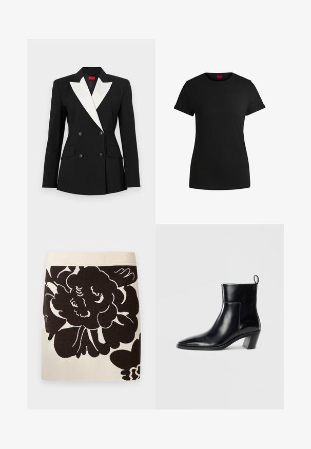 Čierny blejzer s dvojitým predným zapínaním, bielym šálovým klopom, dvomi prednými vreckami a čiernymi gombíkmi. Vyrobený z pevnej látky.; Čierne bavlnené tričko s krátkymi rolovanými rukávmi, okrúhlym výstrihom a červenou nášivkou. Hladká textúra, priliehavý strih s minimálnymi detailmi.; Krémová sukňa so širokým rebrovaným pásom a veľkým čiernym kvetinovým vzorom pokrývajúcim prednú časť látky.; Čierna kožená členková čižma s špicatou špičkou, geometricky tvarovaným podpätkom a pútkom na zadnej strane. Hladká textura a elegantný dizajn.