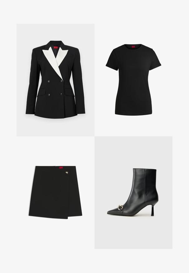 Czarny żakiet z podwójnym zapięciem, białym szalowym kołnierzem, dwiema przednimi kieszeniami i czarnymi guzikami. Wykonany z usztywnionego materiału.; Czarna bawełniana koszulka z krótkimi, podwiniętymi rękawami, okrągłym dekoltem i czerwoną metką. Gładka tekstura, dopasowany fason z minimalnymi detalami.; Czarna spódnica o kroju kopertowym z gładką fakturą, z czerwoną metką logo i srebrnym akcentem. Prosty design z czystym cięciem.; Czarny skórzany botek za kostkę z szpiczastym noskiem, smukłym średnim obcasem i srebrnym zapięciem po boku na jednolitym tle.
