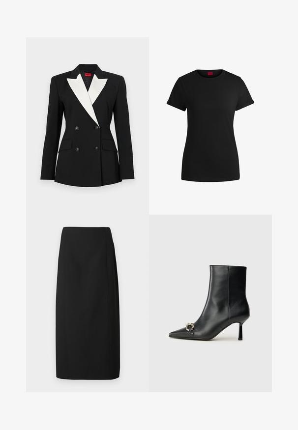 Černý blazer s dvojitým zapínáním, bílou šálovou klopou, dvěma předními kapsami a černými knoflíky. Vyrobeno z strukturované tkaniny.; Černé bavlněné tričko s krátkými rukávy s rolled úpravou, kulatým výstřihem a červenou etiketa. Hladká textura, přiléhavý střih s minimálními detaily.; Černá tužková sukně z hladké látky, s rovno střiženým střihem a čistými liniemi, bez ozdob nebo vzorů.; Černá kožená kotníková bota s špičatou špičkou, úzkým středně vysokým podpatkem a stříbrnou sponou na straně, na jednobarevném pozadí.