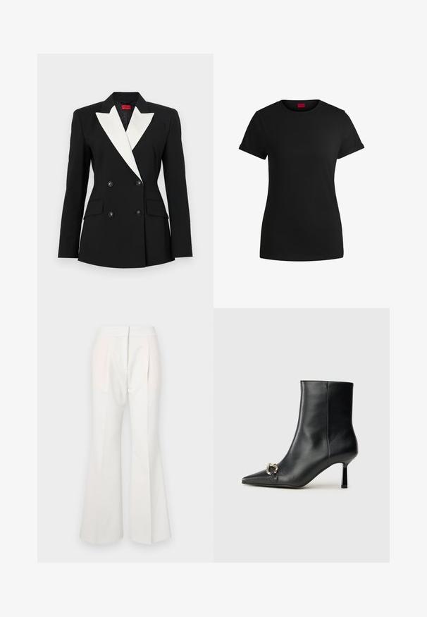 Musta bleiseri, jossa on kaksinkertainen etuosa, valkoinen shaalikaulus, kaksi etutaskua ja mustat napit. Valmistettu jämäkästä kankaasta.; Mustapaita, jossa on lyhyet käärityt hihat, pyöreä kaula-aukko ja punainen etiketti. Sileä pinta, istuva muoto ja minimaalinen yksityiskohtaisuus.; Valkoiset levenevät housut, joissa on sileä pinta, etuosassa poimut ja hienovaraisesti erottuvat kankaat vaaleammassa sävyssä.; Musta nahkasaapas nilkkapituisilla, terävillä kärjillä, hoikalla keskipituisella korolla ja hopeavöillä sivussa yksinkertaista taustaa vasten.
