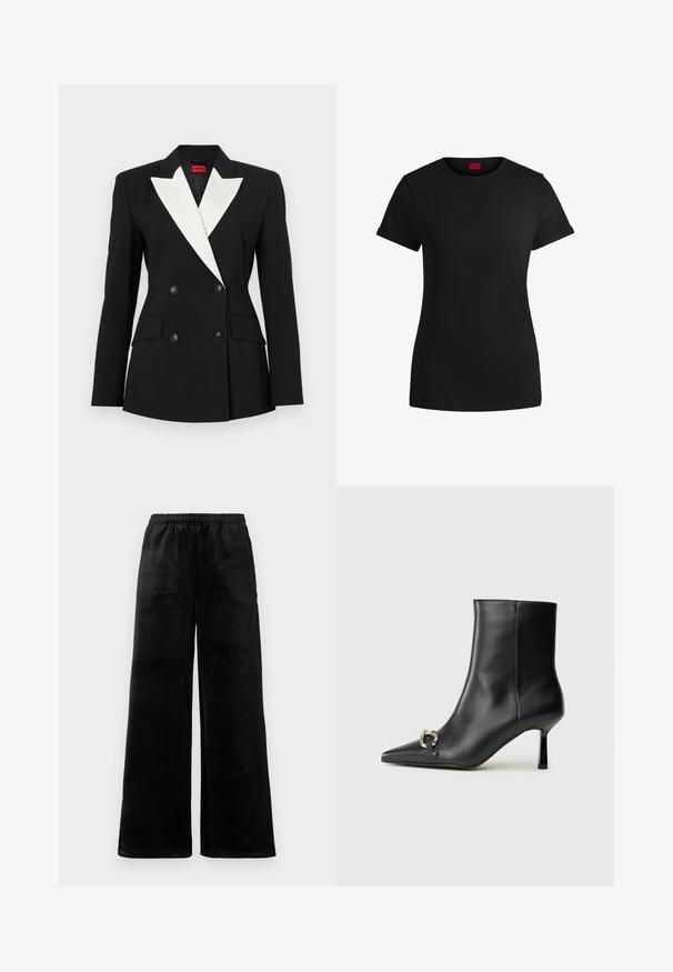 Black blazer with double-breasted front, white shawl lapel, two front pockets, and black buttons. Made of structured fabric.; Black cotton t-shirt with short rolled sleeves, a round neckline, and a red label. Smooth texture, fitted shape with minimal detailing.; Black wide-leg pants made of soft fabric, featuring an elastic waistband and a smooth texture. Simple design without patterns or accents.; Black leather ankle boot with pointed toe, slim mid-height heel, and silver buckle detail on side against plain background.