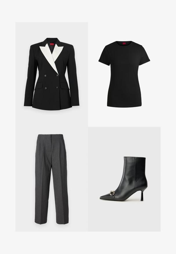 Sacou negru cu față dublă, rever alb, două buzunare frontale și butoane negre. Fabricat dintr-un material structurat.; Tricou din bumbac negru, cu mâneci scurte și răsucite, decolteu rotund și etichetă roșie. Textură netedă, formă ajustată și detalii minime.; 2nd Day CARTER - Pantaloni - dark grey; Botine negre din piele, cu vârf ascuțit, toc subțire de înălțime medie și detaliu cu cataramă argintie pe lateral, pe un fundal simplu.