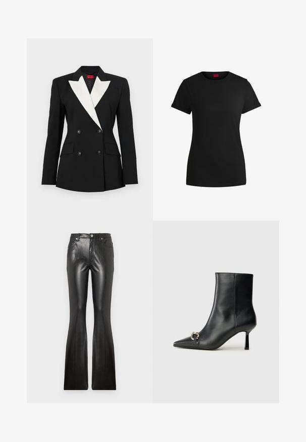 Blazer negro con frente de doble botonadura, solapa blanca de tipo chal, dos bolsillos frontales y botones negros. Fabricado con una tela estructurada.; Camiseta de algodón negra con mangas cortas enrolladas, escote redondo y etiqueta roja. Textura suave, forma ajustada y con un detalle minimalista.; Pantalones de cuero negro acampanados con una textura suave, cinco bolsillos, cierre de botón en la parte frontal y una silueta ajustada a lo largo de los muslos.; Botín negro de cuero hasta el tobillo con punta afilada, tacón delgado de altura media y detalle de hebilla plateada en el lateral, sobre un fondo liso.