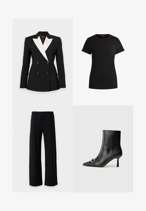 Schwarzer Blazer mit doppelt geknöpftem Vorderteil, weißem Schalkragen, zwei Fronttaschen und schwarzen Knöpfen. Hergestellt aus strukturiertem Stoff.; Schwarzes Baumwoll-T-Shirt mit kurzen, aufgerollten Ärmeln, rundem Halsausschnitt und rotem Etikett. Glatte Textur, taillierte Form mit minimalen Details.; Schwarze gerade Hosen mit elastischem Bund und subtiler Struktur im gesamten Stoff auf einem weißen Hintergrund.; Schwarze Leder-Stiefelette mit spitzer Zehe, schlankem, mittelhohem Absatz und silberner Schnalle seitlich vor einem schlichten Hintergrund.