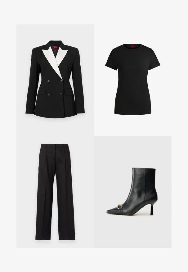 Fekete blézer dupla gombolású elülső résszel, fehér sálképű gallérral, két elülső zsebből és fekete gombokkal. Merev anyagból készült.; Fekete pamut póló rövid felgöngyölt mangaszalaggal, kerek nyakkivágással és piros címkével. Sima textúra, megformált szabás minimális részletezéssel.; Fekete, szabott nadrág egyenes szárú fazonnal, éles redőkkel és sima textúrával. Könnyű anyagból készült.; Fekete bőr bokacsizma hegyes orral, vékony közép magasságú sarokkal és ezüst csattal az oldalon, sima háttér előtt.