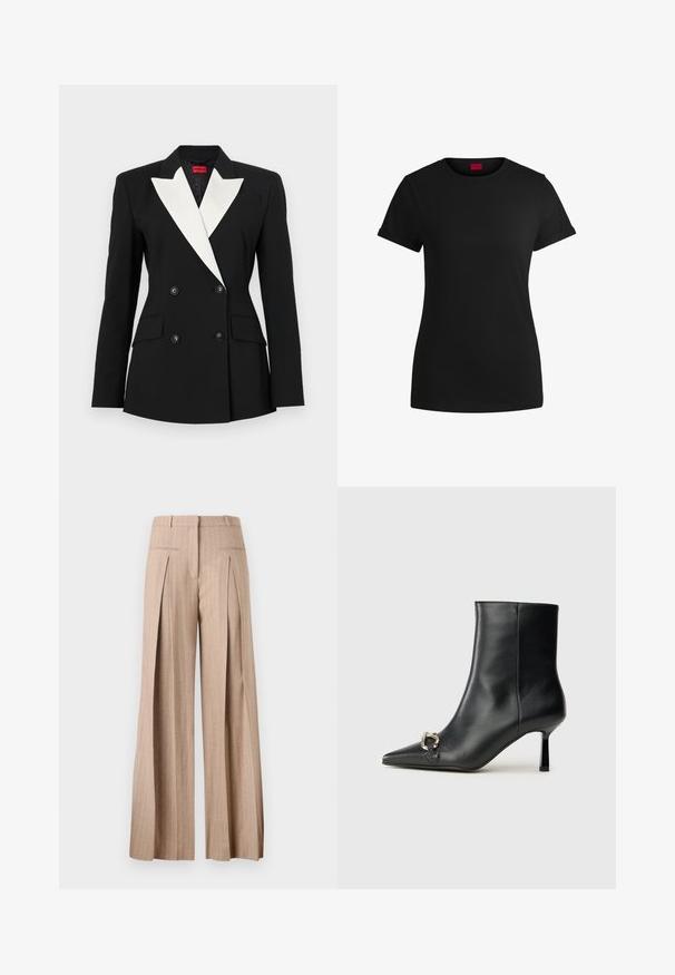 Svart blazer med dobbelspent front, hvit sjal-lapel, to frontlommer og svarte knapper. Laget av strukturert stoff.; Svart bomulls-t-skjorte med korte, rullede ermer, rund halslinning og rød etikett. Glatt tekstur, tettsittende fasong med minimale detaljer.; Beige vide bukser laget av et lett stoff, med vertikale striper, høy midje og frontfolder.; Sorte lær ankle boot med spiss tå, slank mid-høyde hæl og sølvspenne på siden mot en enkel bakgrunn.