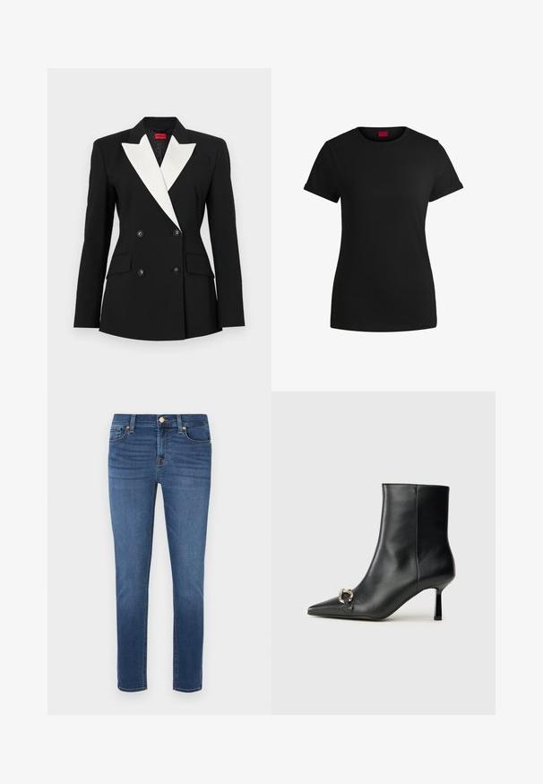Fekete blézer dupla gombolású elülső résszel, fehér sálképű gallérral, két elülső zsebből és fekete gombokkal. Merev anyagból készült.; Fekete pamut póló rövid felgöngyölt mangaszalaggal, kerek nyakkivágással és piros címkével. Sima textúra, megformált szabás minimális részletezéssel.; Sötétkék, sima textúrájú, karcsú farmernadrág, cipzárral és gombos zárással, öt zsebbel és kontrasztos varrással.; Fekete bőr bokacsizma hegyes orral, vékony közép magasságú sarokkal és ezüst csattal az oldalon, sima háttér előtt.