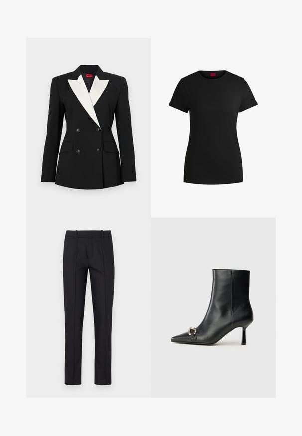 Schwarzer Blazer mit doppelt geknöpftem Vorderteil, weißem Schalkragen, zwei Fronttaschen und schwarzen Knöpfen. Hergestellt aus strukturiertem Stoff.; Schwarzes Baumwoll-T-Shirt mit kurzen, aufgerollten Ärmeln, rundem Halsausschnitt und rotem Etikett. Glatte Textur, taillierte Form mit minimalen Details.; Schwarze maßgeschneiderte Hose mit schlankem Schnitt, flachem Bund und zwei Gesäßtaschen. Hergestellt aus glattem Stoff mit dezentem Nähedetail entlang der Nähte.; Schwarze Leder-Stiefelette mit spitzer Zehe, schlankem, mittelhohem Absatz und silberner Schnalle seitlich vor einem schlichten Hintergrund.