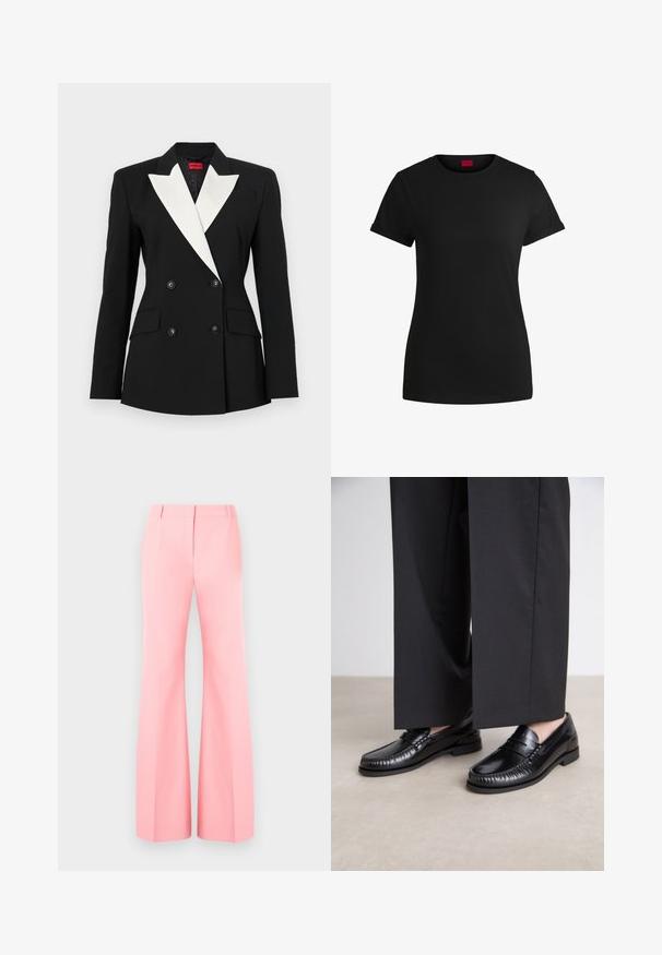 Schwarzer Blazer mit doppelt geknöpftem Vorderteil, weißem Schalkragen, zwei Fronttaschen und schwarzen Knöpfen. Hergestellt aus strukturiertem Stoff.; Schwarzes Baumwoll-T-Shirt mit kurzen, aufgerollten Ärmeln, rundem Halsausschnitt und rotem Etikett. Glatte Textur, taillierte Form mit minimalen Details.; Rosa weit geschnittene Hose mit tailliertem Design, flachem Bund und ordentlich gebügelten Falten. Glattes Material und hohe Taille.; Schwarze Lederloafers mit glatter Oberfläche, genähten Details um die Zehen und einer niedrigen Gummisohle. Kombiniert mit weiten schwarzen Hosen.