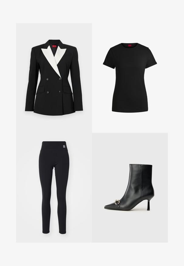 Juodas švarkas su dviguba priekiu, balta šališka apykakle, dviem priekinėm kišenėm ir juodais mygtukais. Pagamintas iš struktūruotos medžiagos.; Juodas medvilninis marškinėlis su trumpomis sukamuojamomis rankovėmis, apvaliu iškirpimu ir raudona etikete. Lygus audinys, prigludusi forma su minimaliais papuošimais.; Juodos legginsai, pagaminti iš elastingos medžiagos, su aukšta juosmeniu ir nedideliu baltu "HUGO" logotipu šone. Lygus paviršius, prigludęs dizainas.; Juodas odinis apavas iki kulkšnies su smailiu nosiu, plonu vidutinio aukščio kulnu ir sidabriniu sagties akcentu šone, prieš paprastą foną.