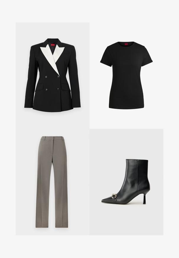 Črn blazer z dvojno zapenjanjem spredaj, belim šalom, dvema sprednjima žepoma in črnimi gumbi. Narejen iz strukturirane tkanine.; Črna bombažna majica s kratkimi zavihanimi rokavi, okroglo izrezom in rdečo oznako. Gladka tekstura, prilegan kroj z minimalnimi detajli.; Sive prirejene hlače s krojem ravnih nogavic, ravnim sprednjim delom in rahlo teksturo. Mehka tkanina in standardni pas z zankami za pas.; Črne usnjene gležnjarje s koničastim nosom, ozkim srednjem petam in srebrno zaponko na strani na enobarvni podlagi.